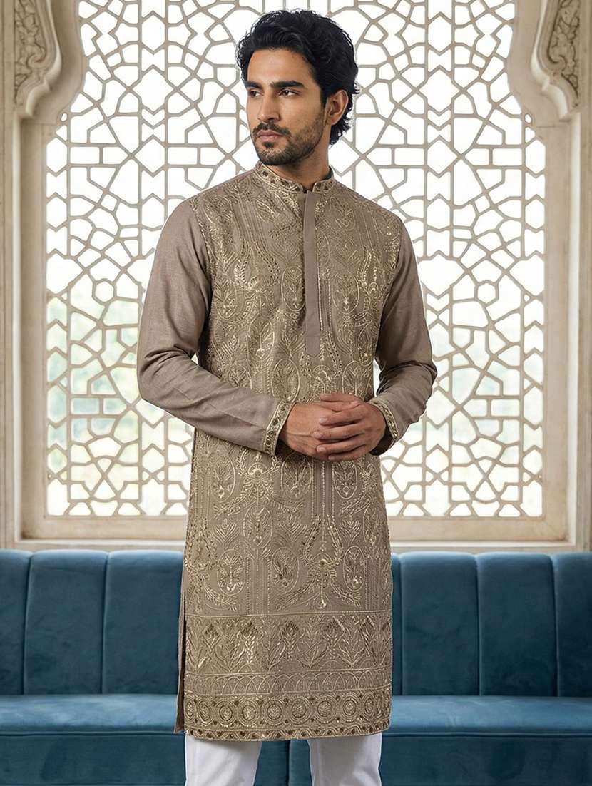 men solid with work mandarin neck long kurta - 22442817 -  Standard Image - 3
