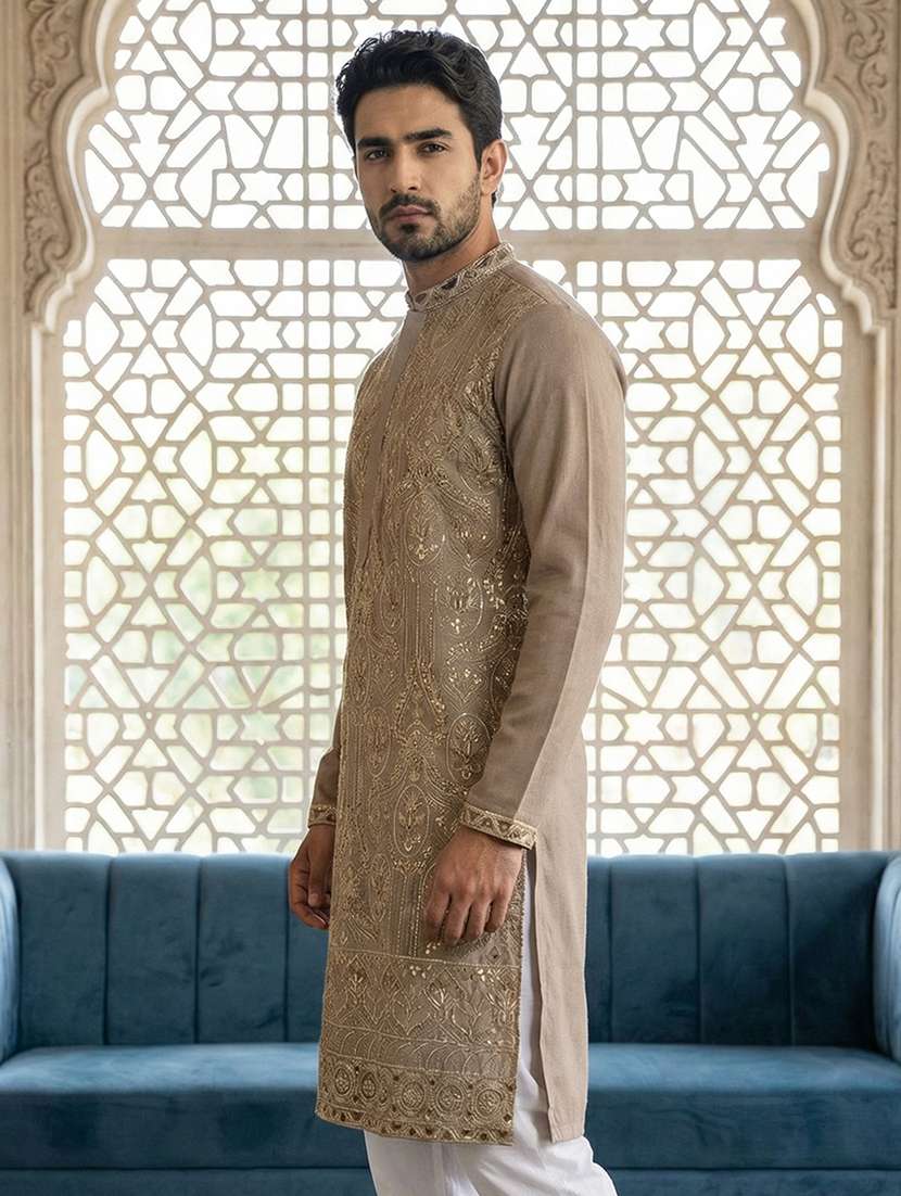 men solid with work mandarin neck long kurta - 22442817 -  Standard Image - 5