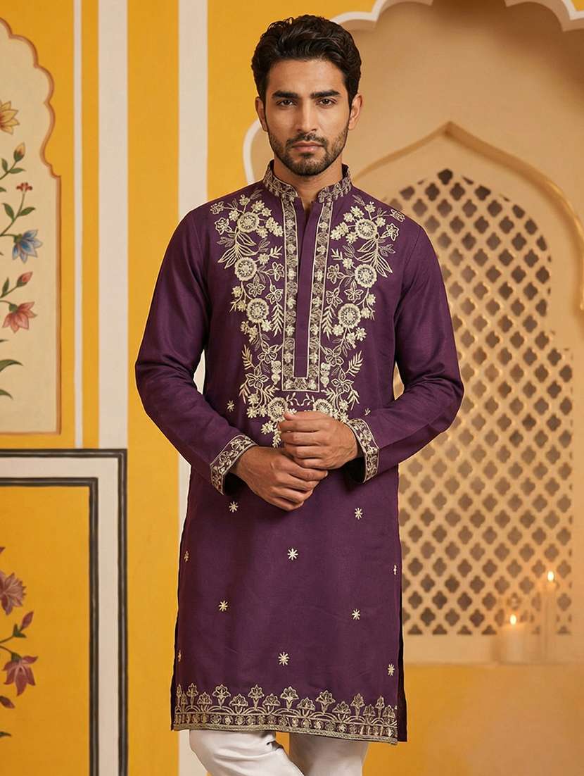 men solid with work mandarin neck long kurta