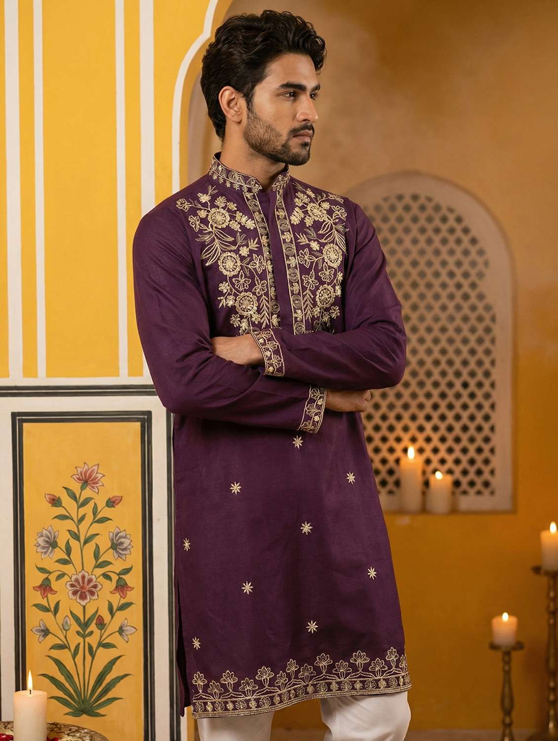 men solid with work mandarin neck long kurta - 22442819 -  Standard Image - 3