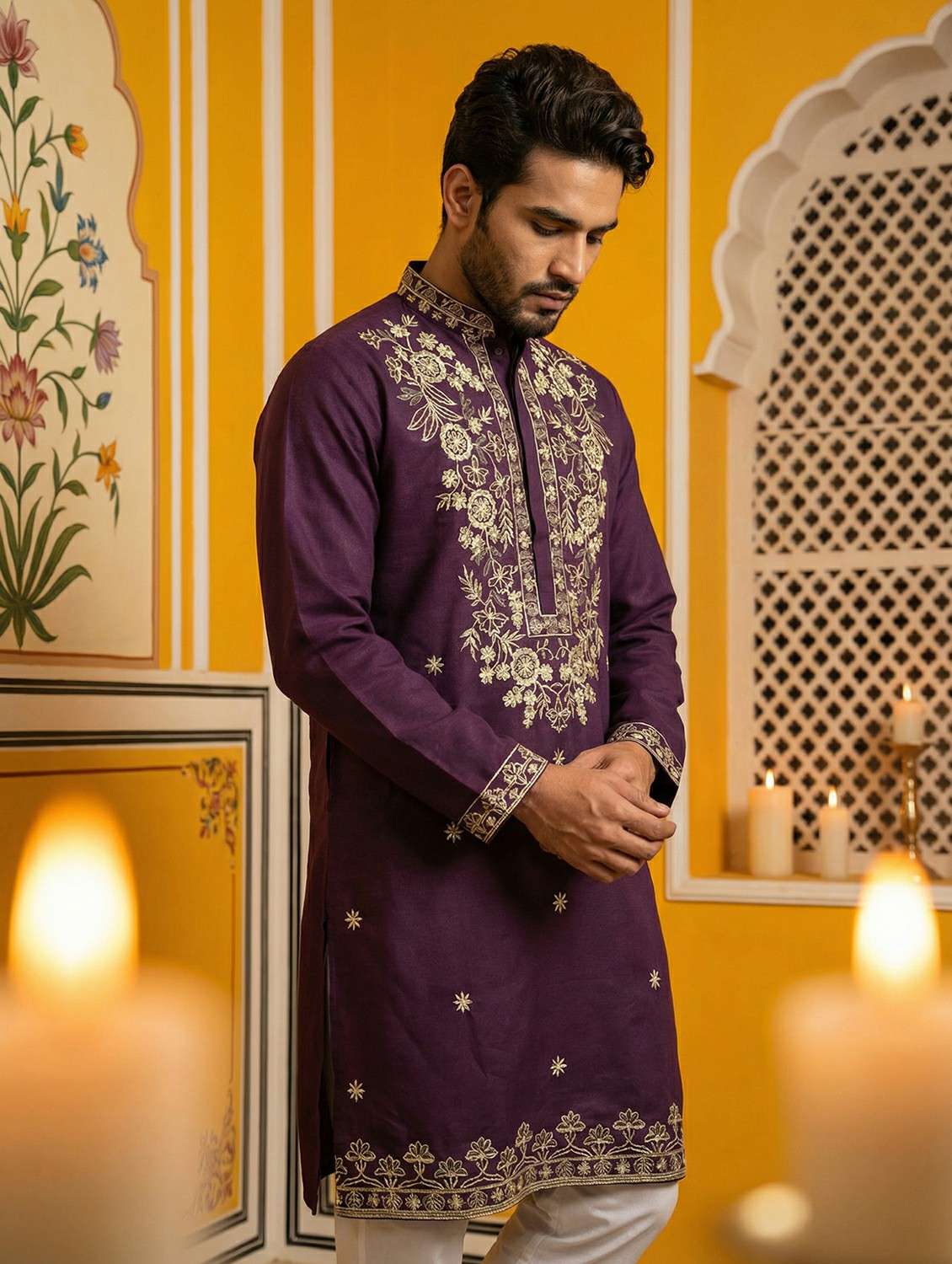 men solid with work mandarin neck long kurta - 22442819 -  Standard Image - 5