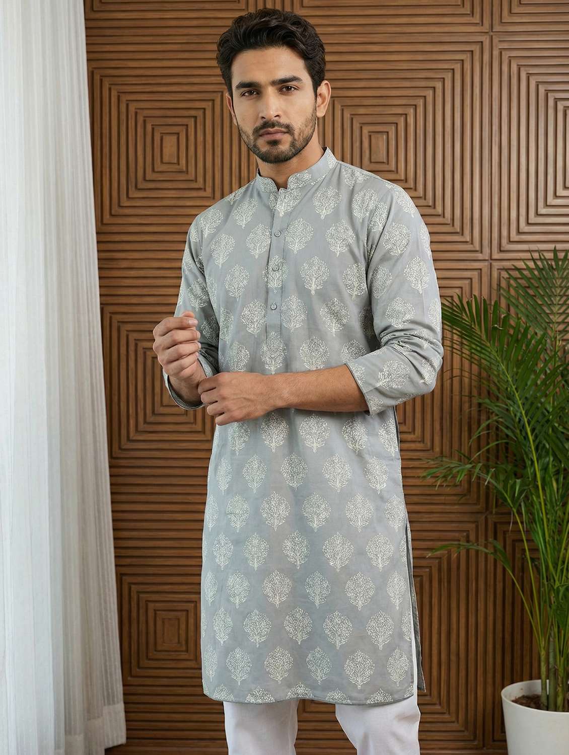 men printed mandarin neck long kurta