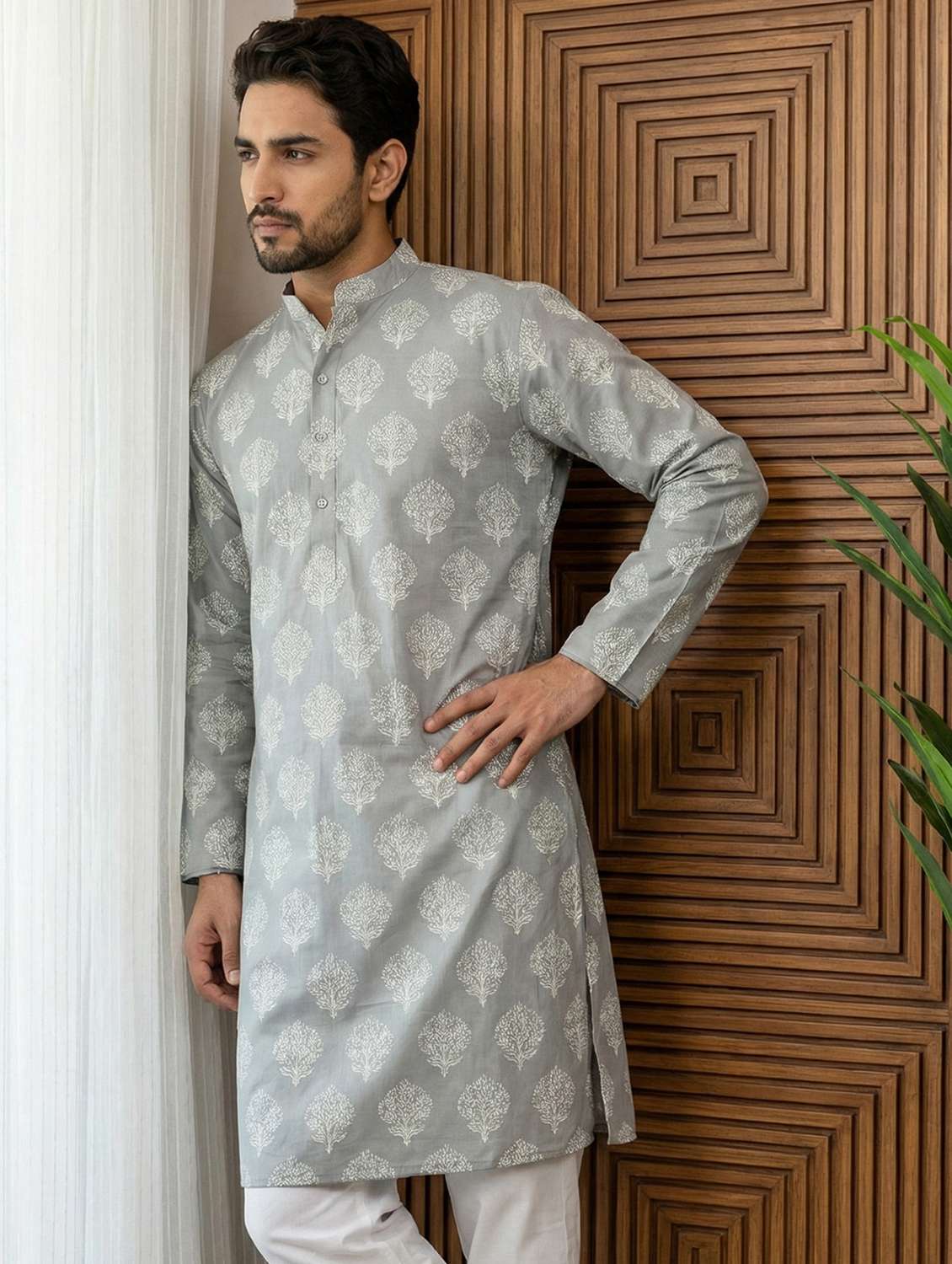 men printed mandarin neck long kurta - 22442820 -  Standard Image - 3