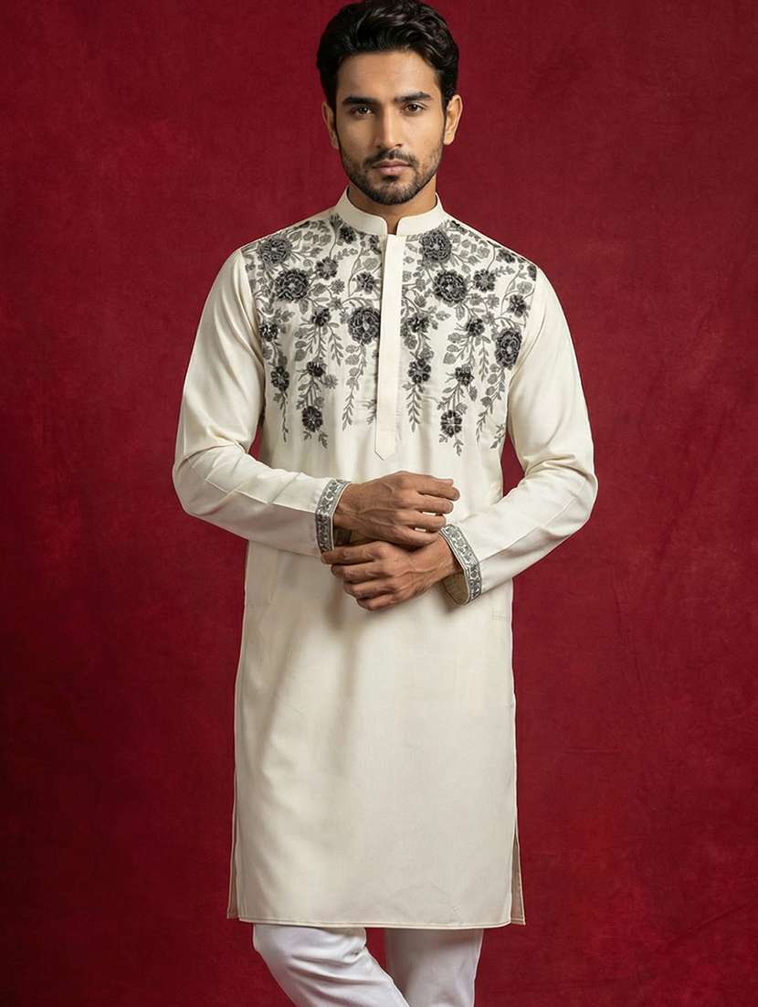 men solid with work mandarin neck long kurta