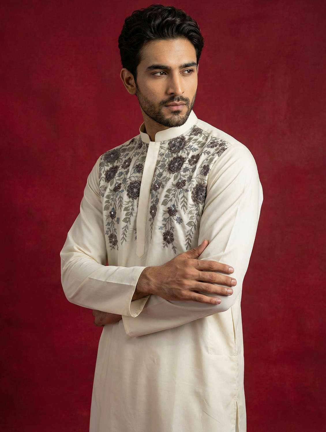 men solid with work mandarin neck long kurta - 22442823 -  Standard Image - 3