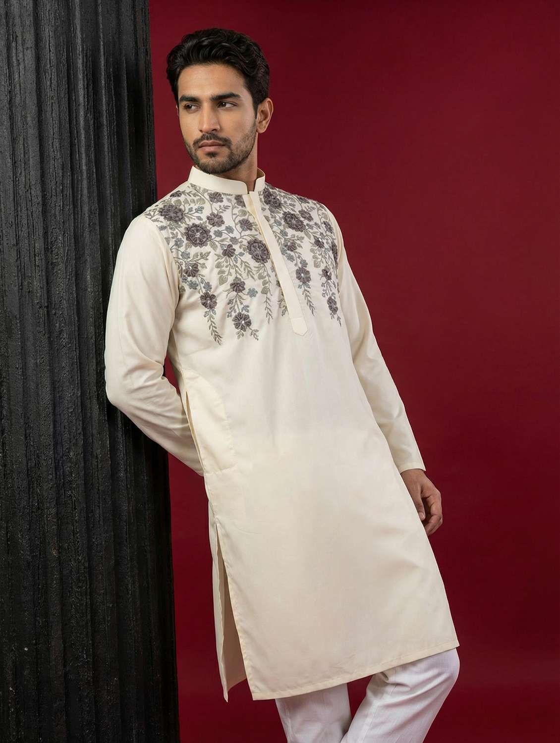men solid with work mandarin neck long kurta - 22442823 -  Standard Image - 5