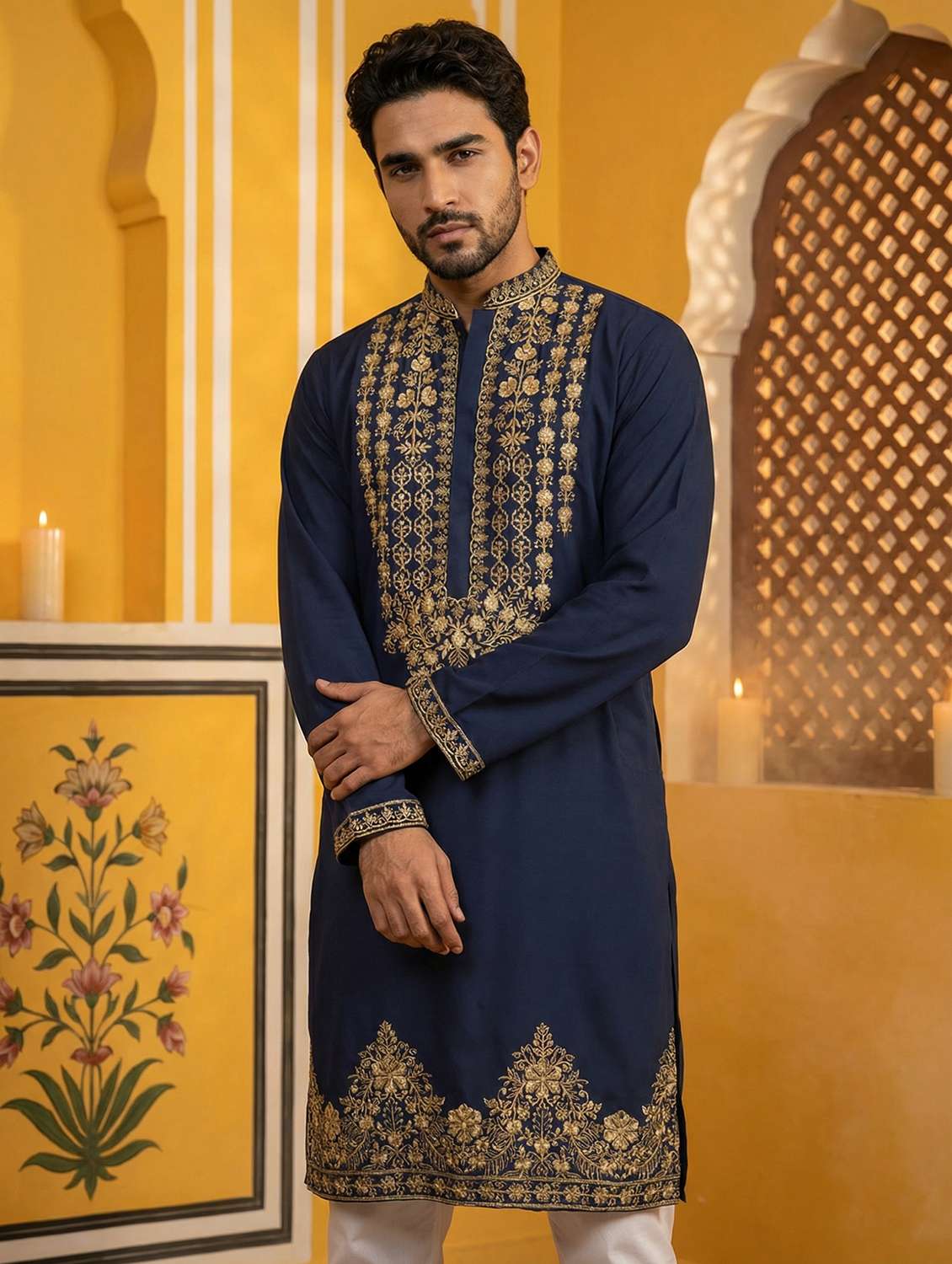 men solid with work mandarin neck long kurta