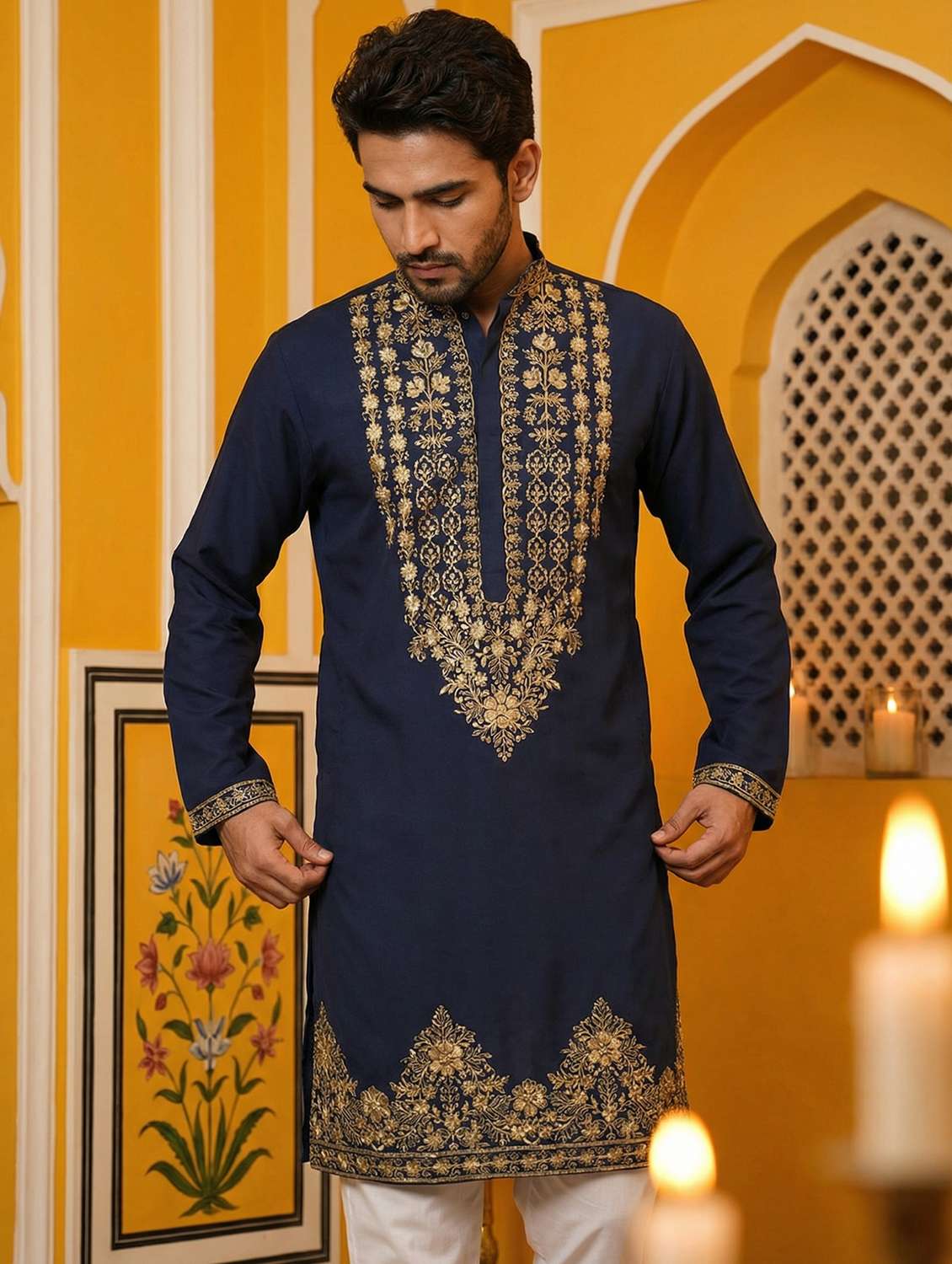 men solid with work mandarin neck long kurta - 22442824 -  Standard Image - 3