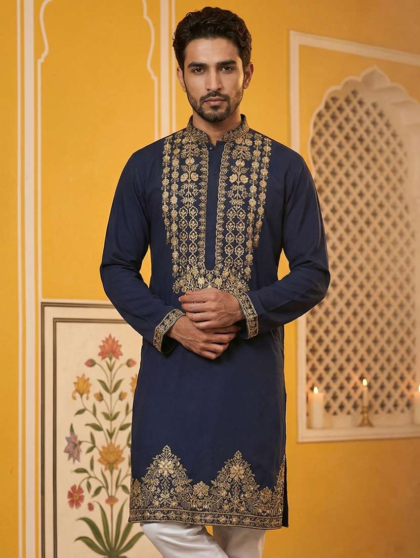 men solid with work mandarin neck long kurta - 22442824 -  Standard Image - 5