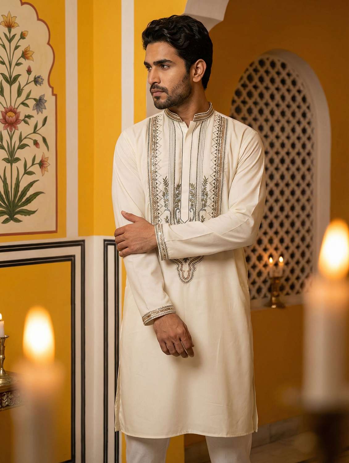 men solid with work mandarin neck long kurta