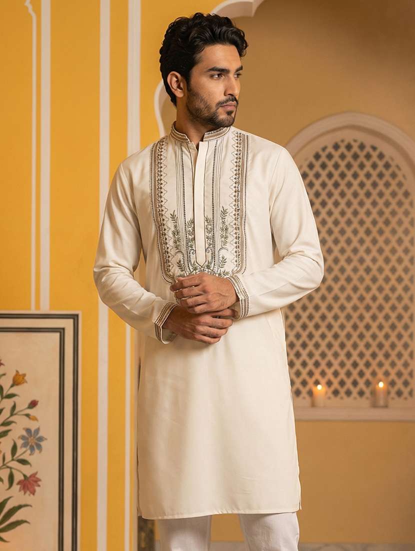 men solid with work mandarin neck long kurta - 22442834 -  Standard Image - 3