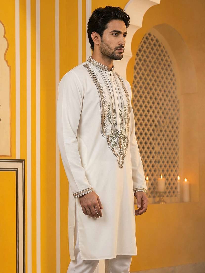 men solid with work mandarin neck long kurta - 22442834 -  Standard Image - 5