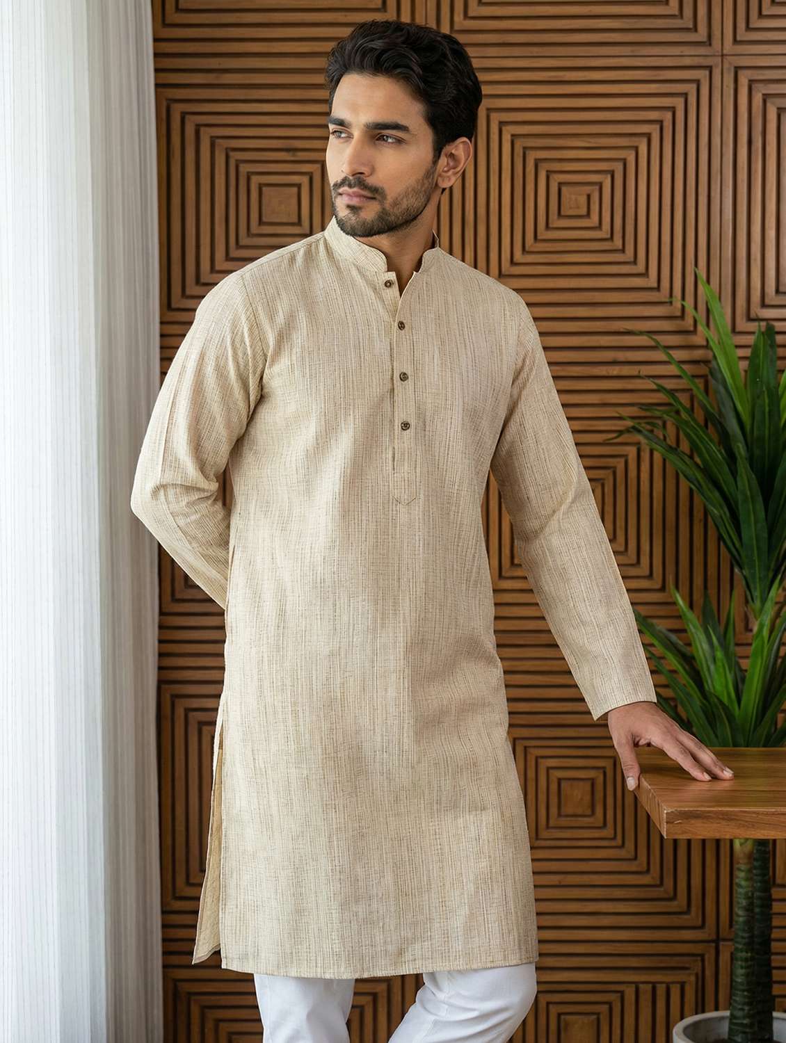 men self design mandarin neck long kurta