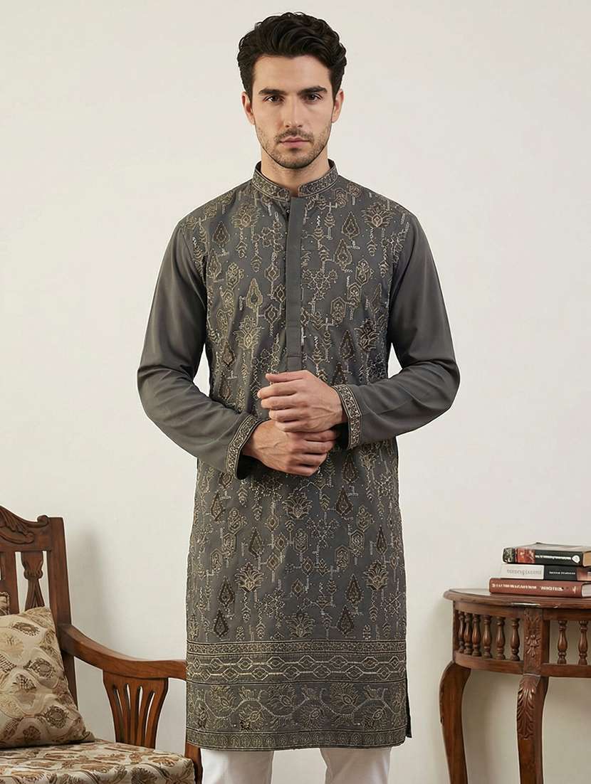 men solid with work mandarin neck long kurta