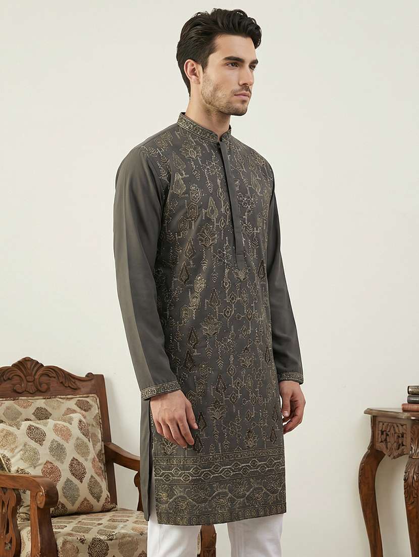 men solid with work mandarin neck long kurta - 22442849 -  Standard Image - 3