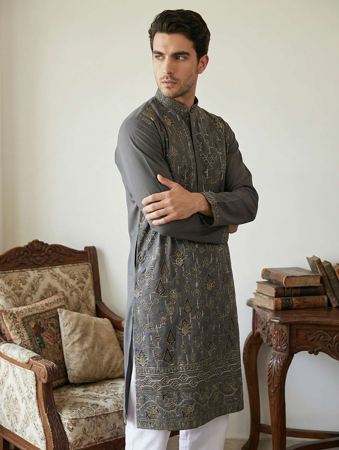 men solid with work mandarin neck long kurta - 22442849 -  Standard Image - 5