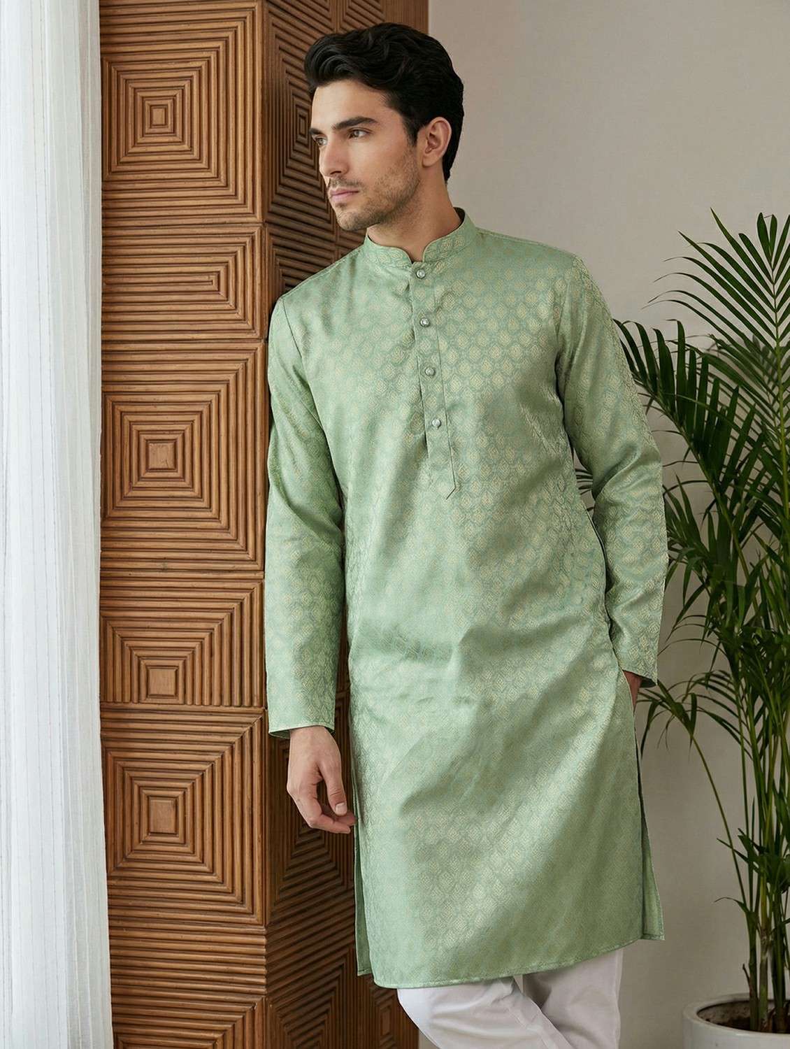 men self design mandarin neck long kurta
