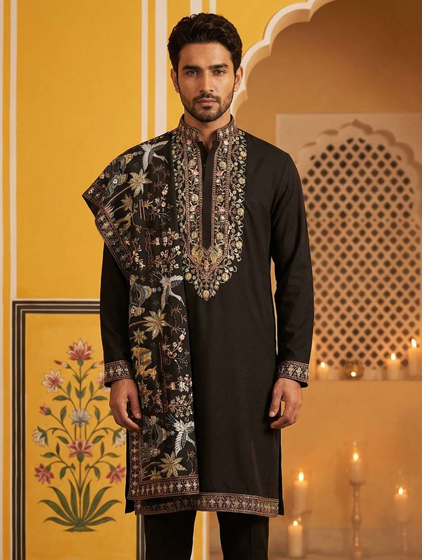 men solid with work mandarin neck long kurta
