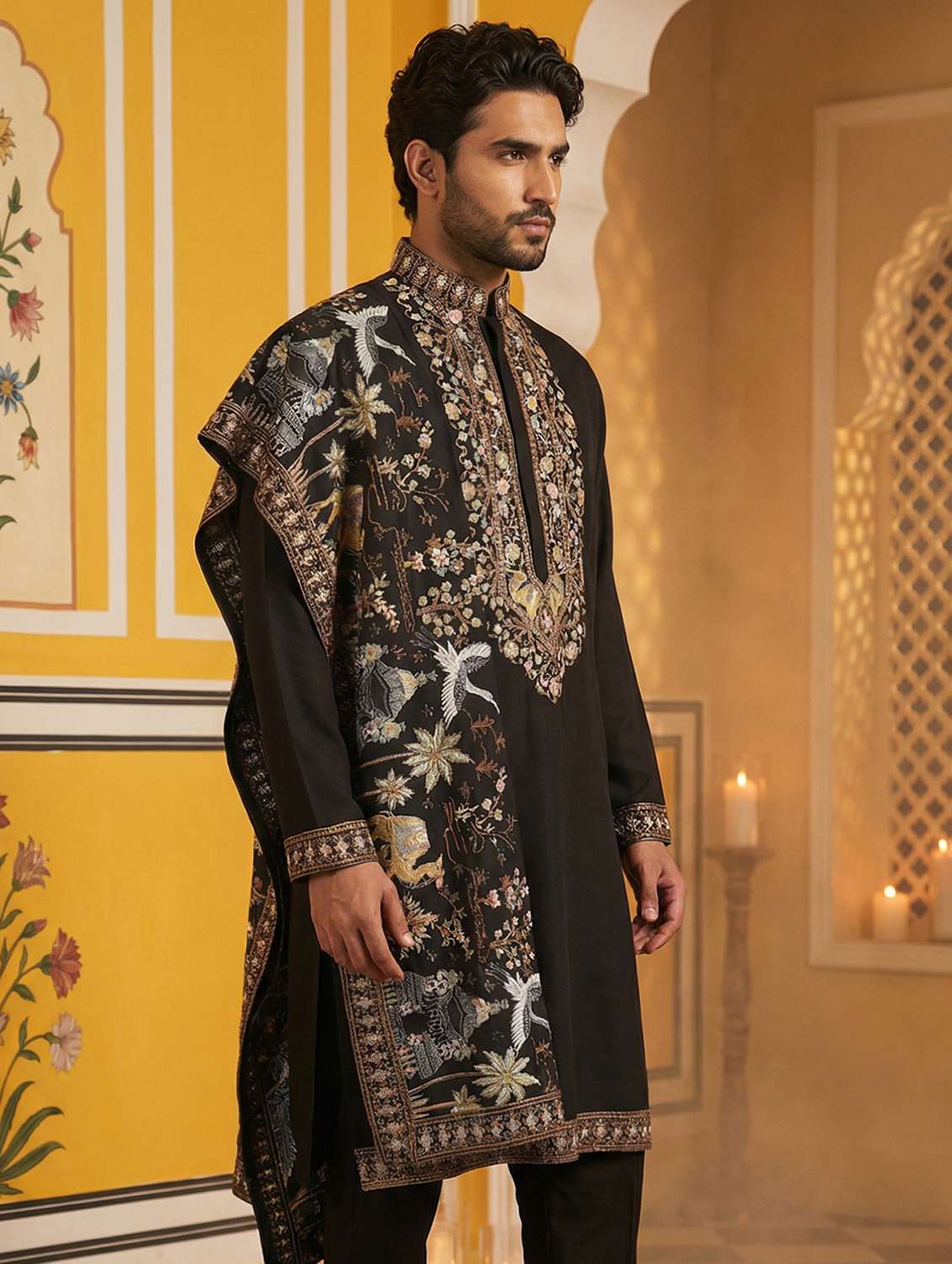 men solid with work mandarin neck long kurta - 22442871 -  Standard Image - 3