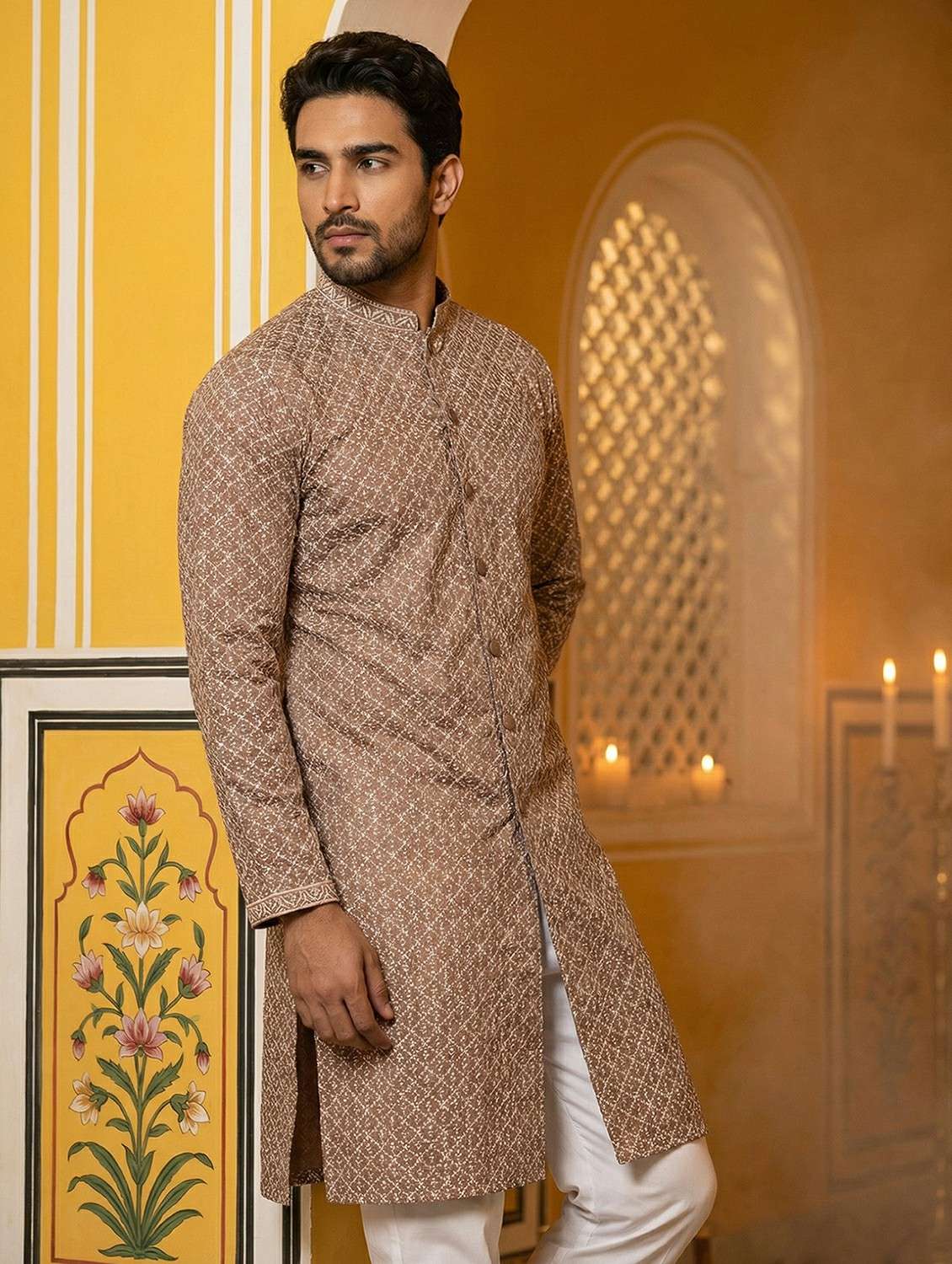men solid with work mandarin neck long kurta - 22442872 -  Standard Image - 3