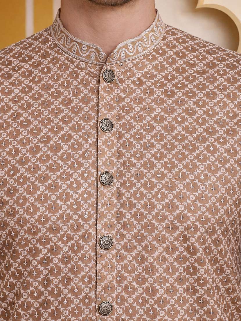 men solid with work mandarin neck long kurta - 22442872 -  Standard Image - 5