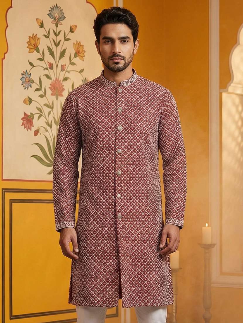 men solid with work mandarin neck long kurta
