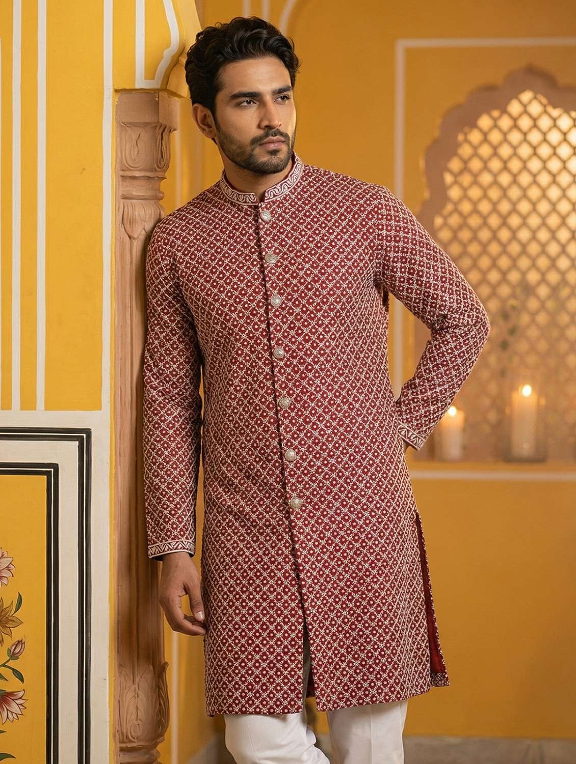 men solid with work mandarin neck long kurta - 22442873 -  Standard Image - 3