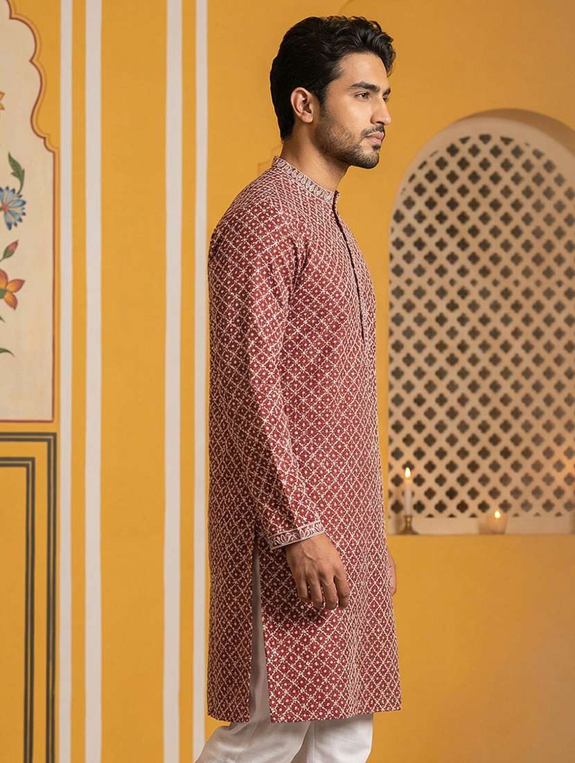 men solid with work mandarin neck long kurta - 22442873 -  Standard Image - 5