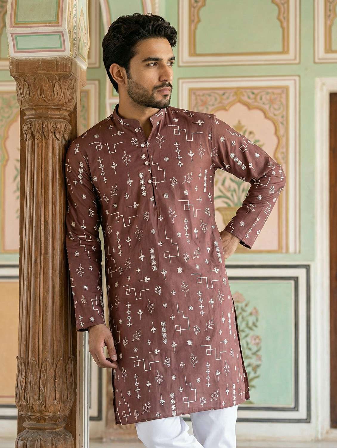 men solid with work mandarin neck long kurta