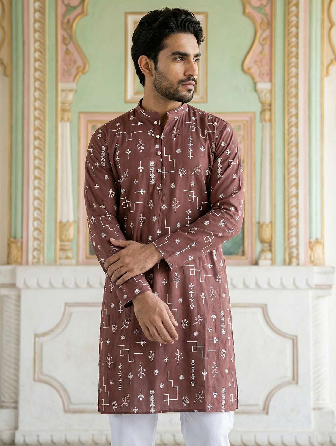 men solid with work mandarin neck long kurta - 22442874 -  Standard Image - 3