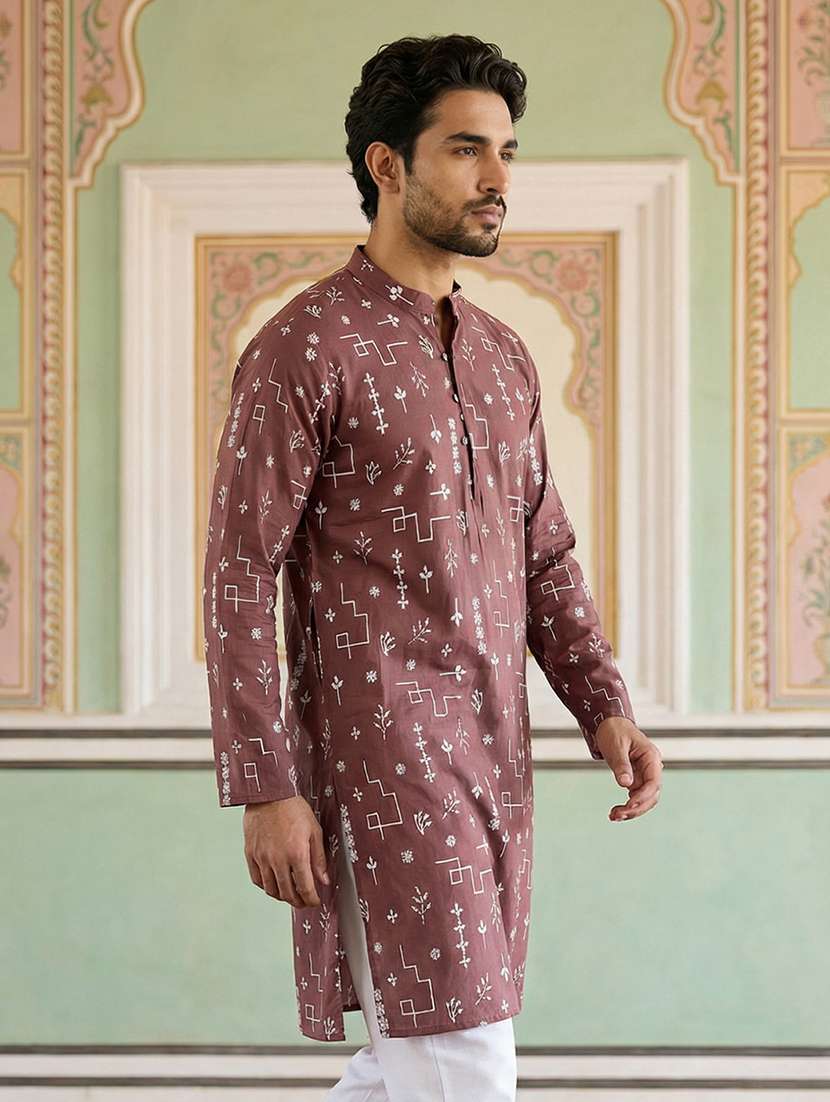 men solid with work mandarin neck long kurta - 22442874 -  Standard Image - 5