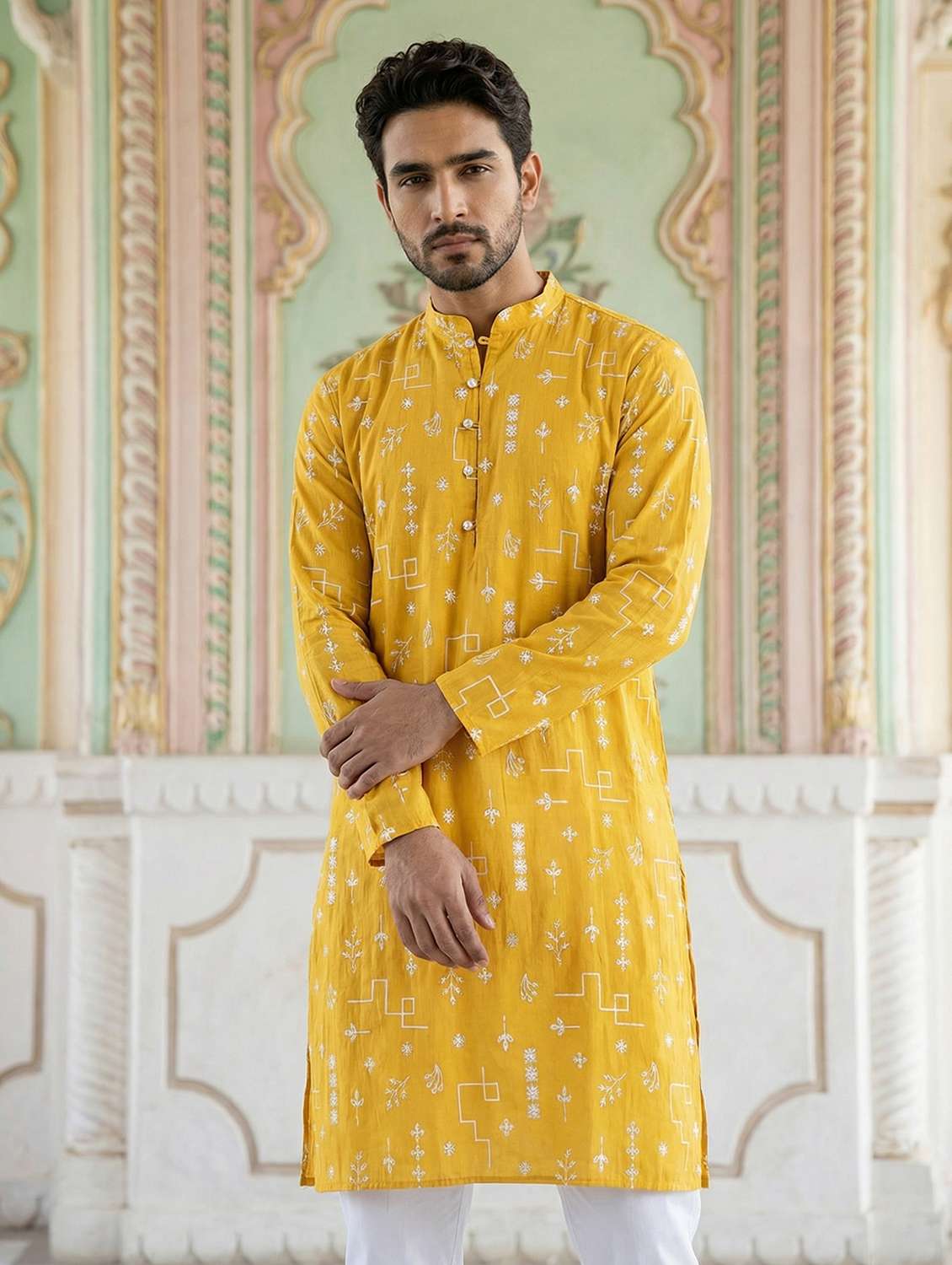 men solid with work mandarin neck long kurta