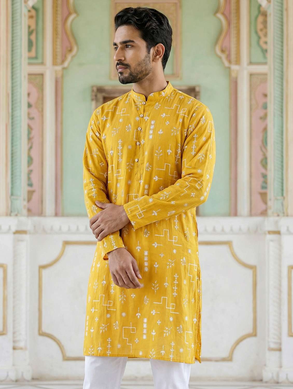 men solid with work mandarin neck long kurta - 22442875 -  Standard Image - 3