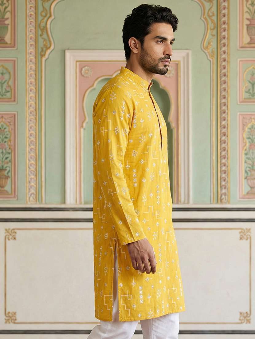 men solid with work mandarin neck long kurta - 22442875 -  Standard Image - 5