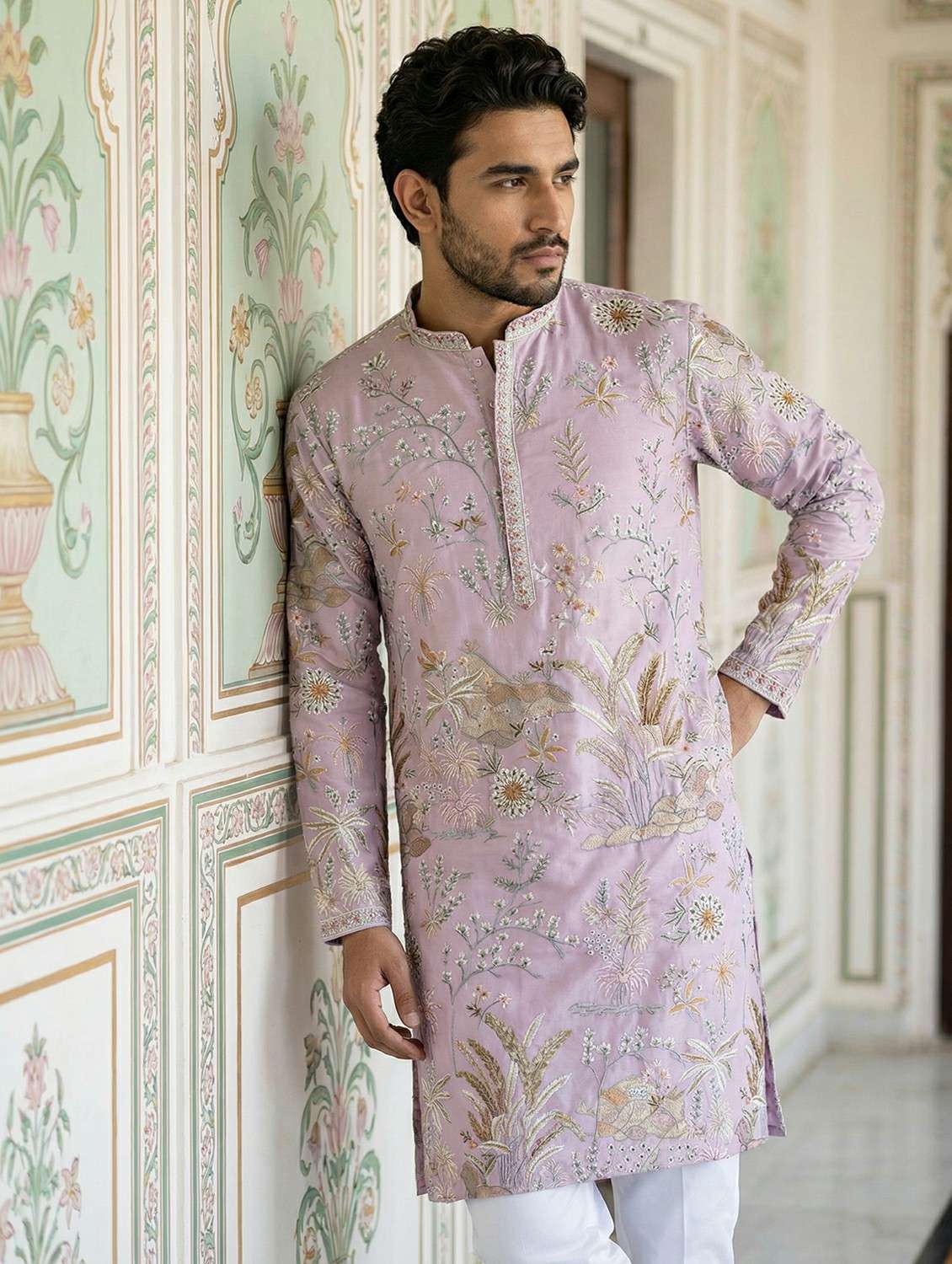 men solid with work mandarin neck long kurta