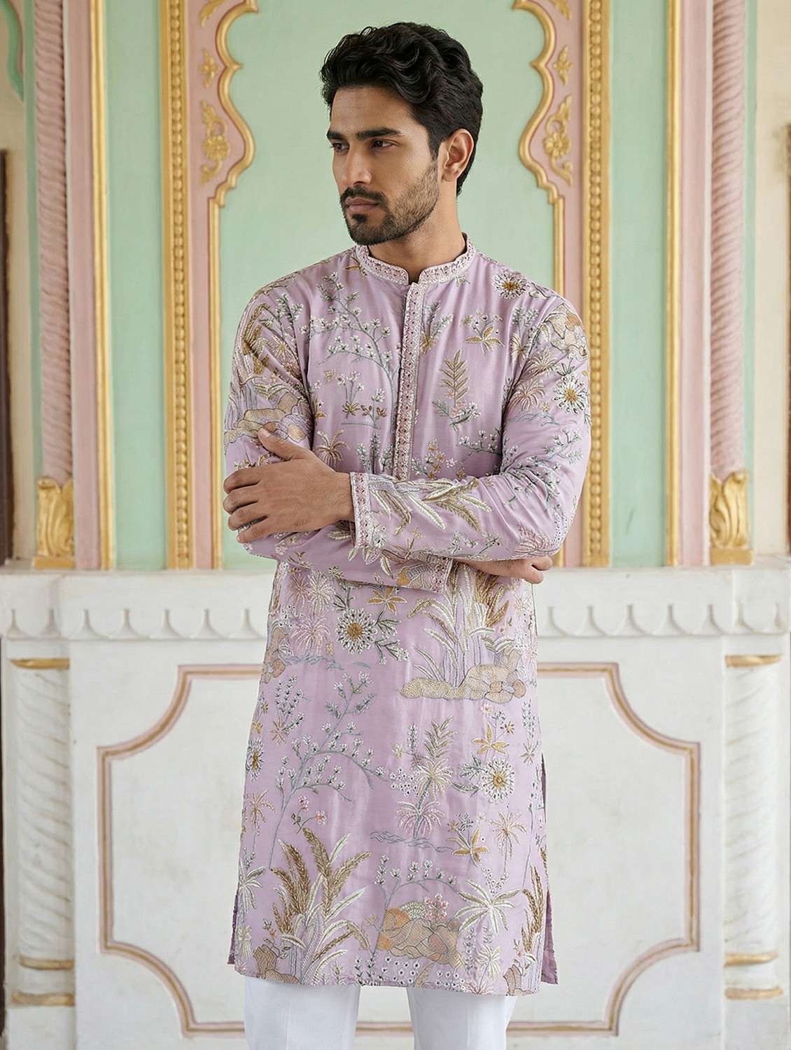 men solid with work mandarin neck long kurta - 22442878 -  Standard Image - 3