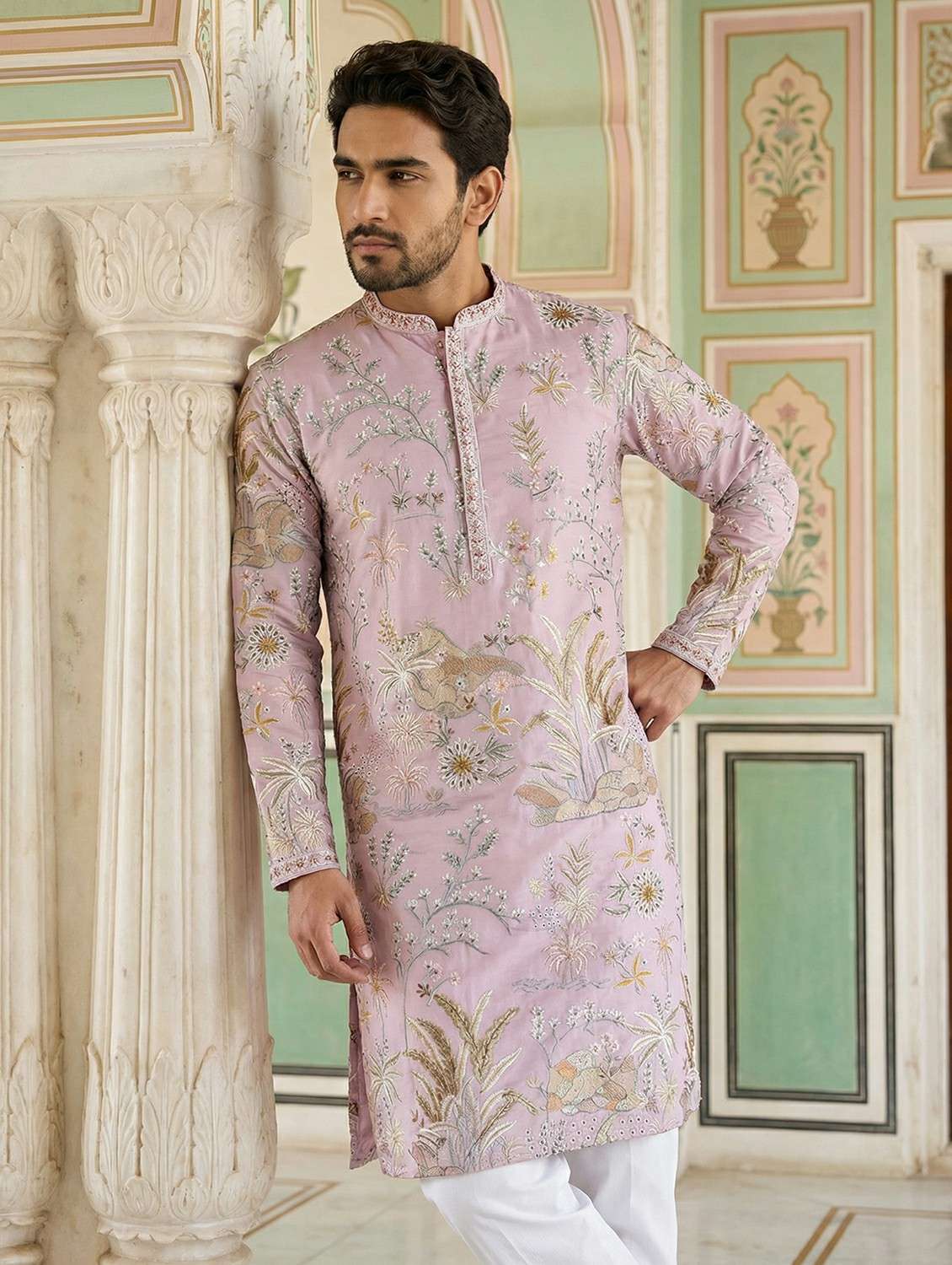 men solid with work mandarin neck long kurta - 22442878 -  Standard Image - 5