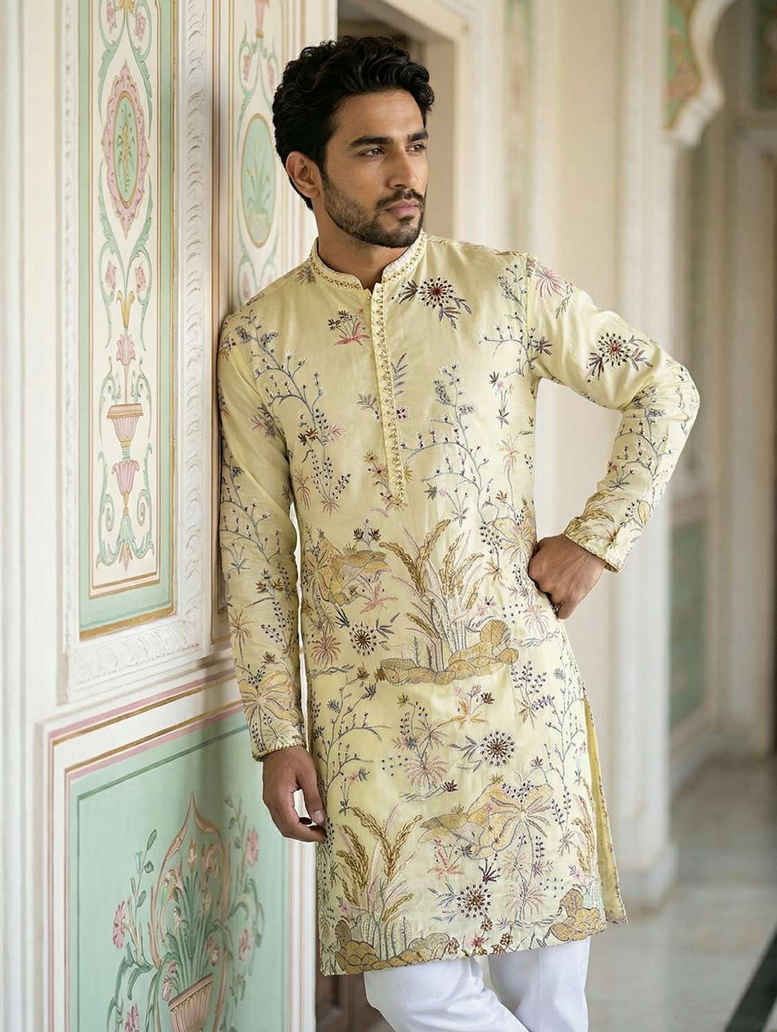 men solid with work mandarin neck long kurta