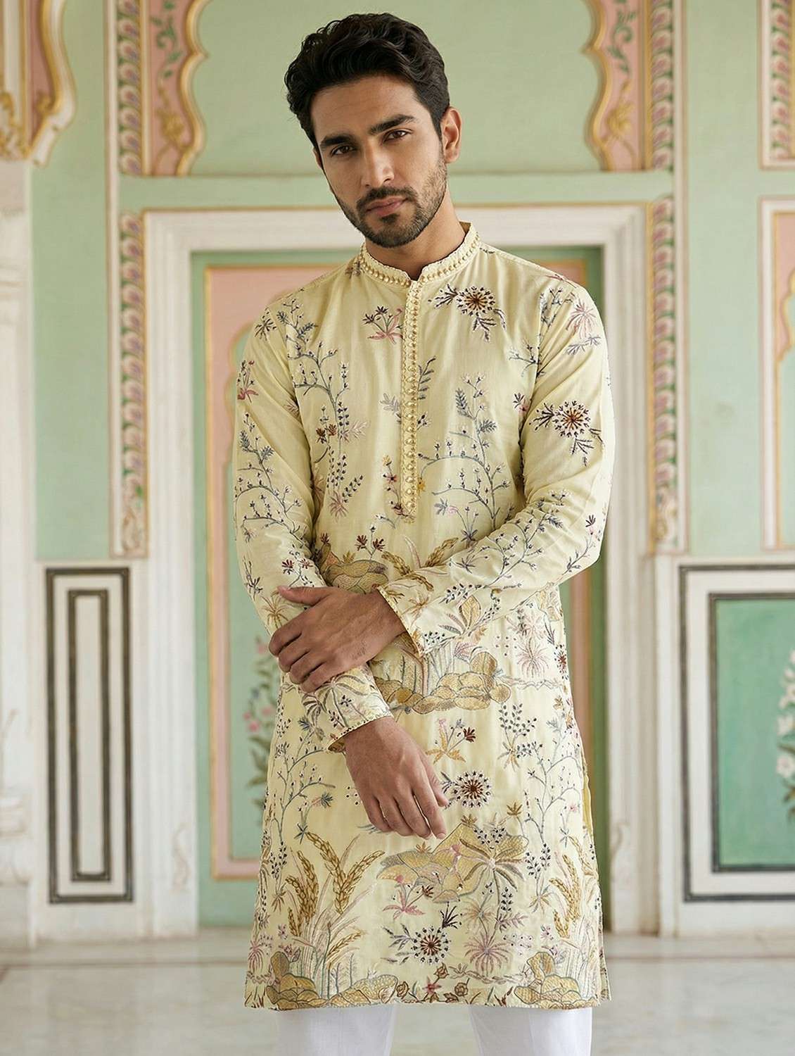 men solid with work mandarin neck long kurta - 22442879 -  Standard Image - 3