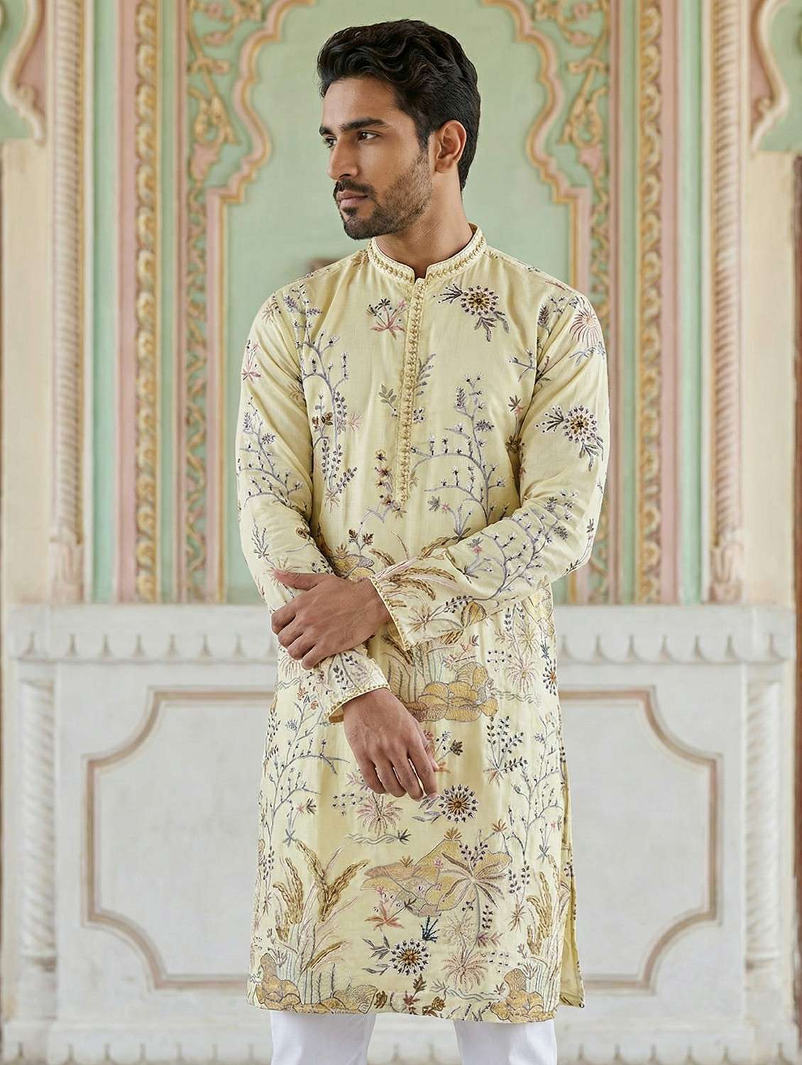 men solid with work mandarin neck long kurta - 22442879 -  Standard Image - 5