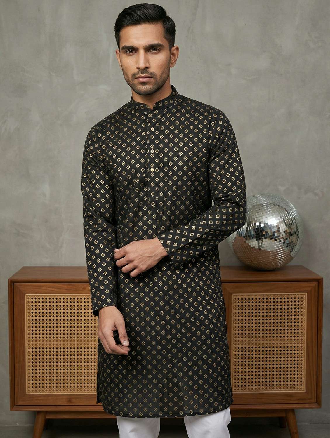 men self design mandarin neck long kurta