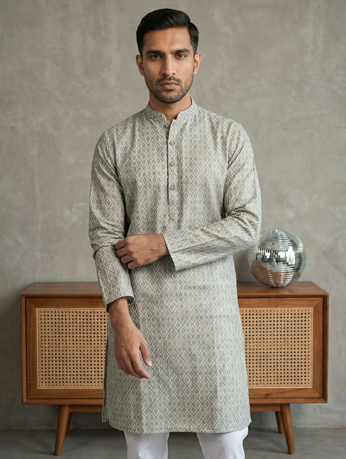 men printed mandarin neck long kurta
