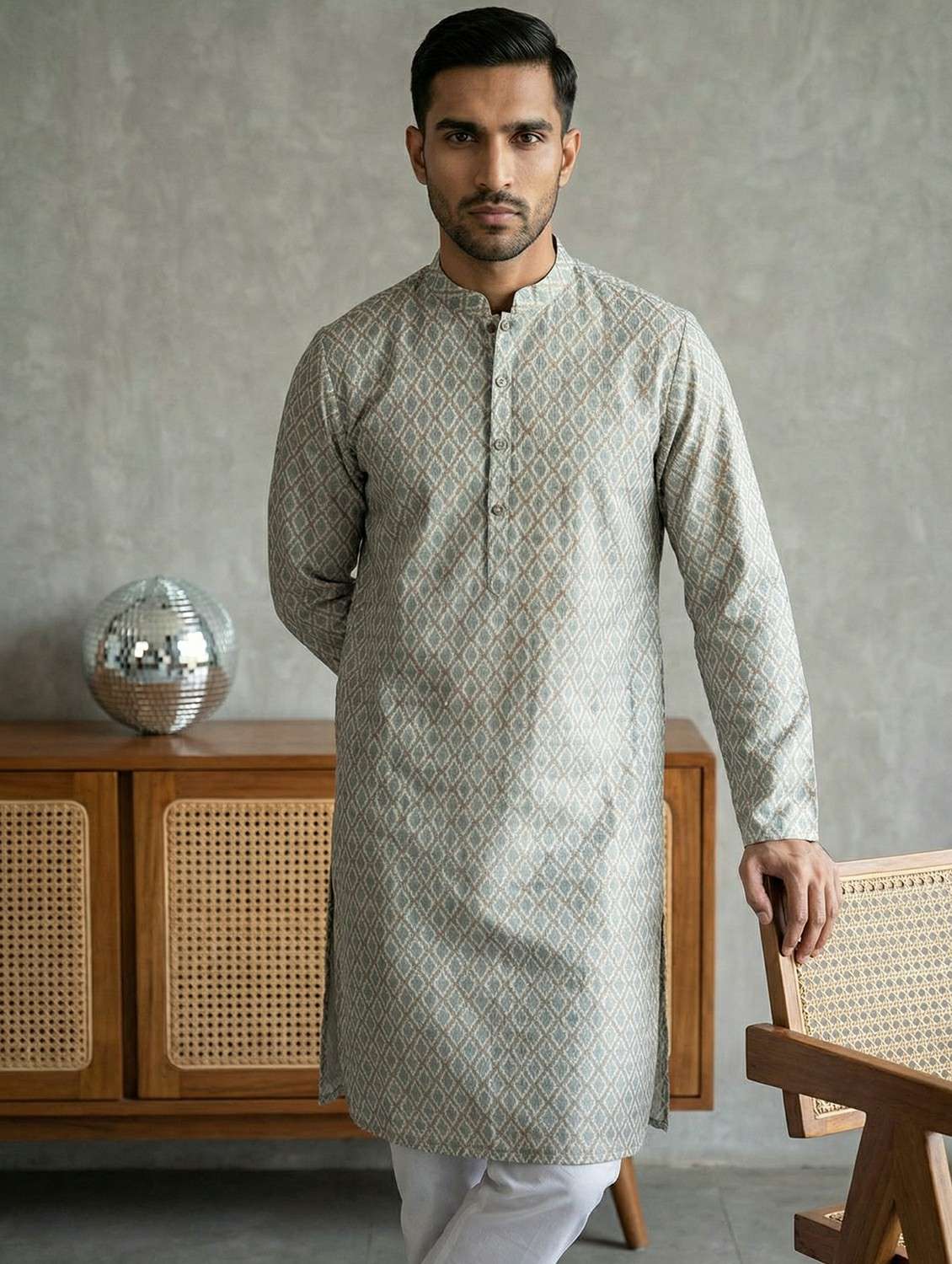 men printed mandarin neck long kurta - 22442883 -  Standard Image - 3