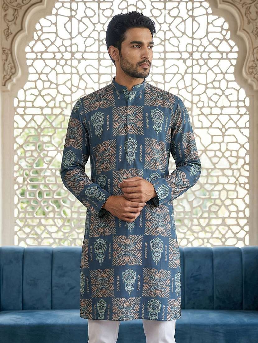 men printed mandarin neck long kurta - 22442885 -  Standard Image - 3