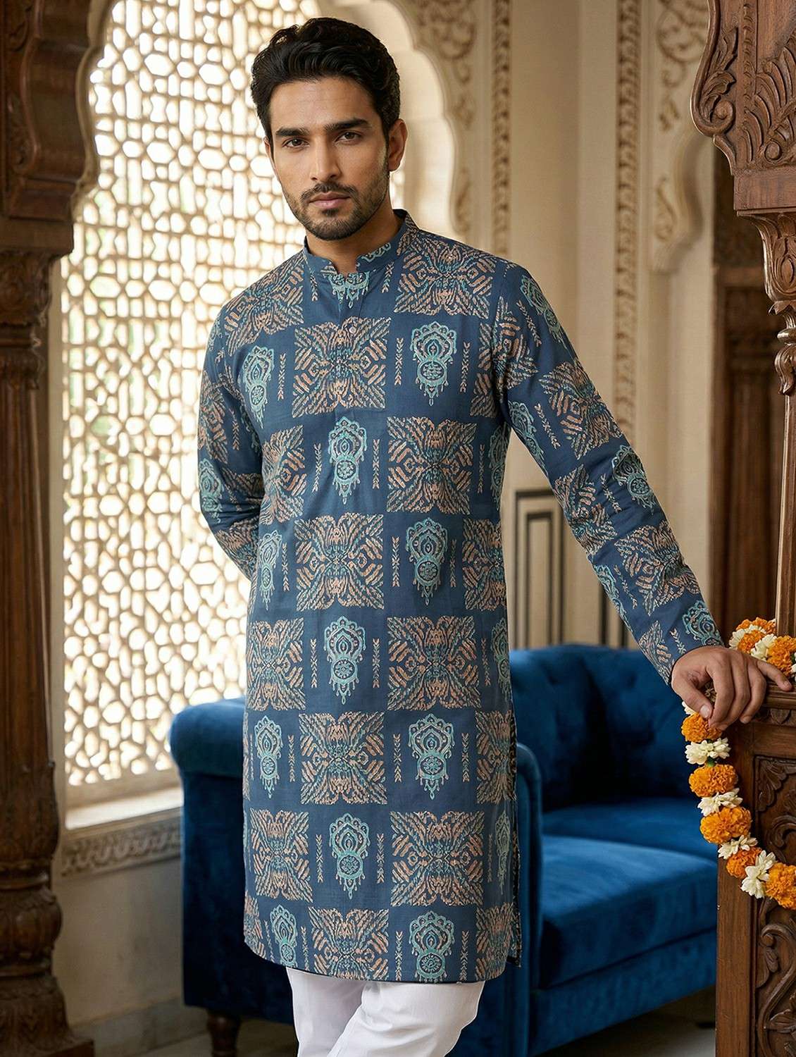 men printed mandarin neck long kurta - 22442885 -  Standard Image - 5