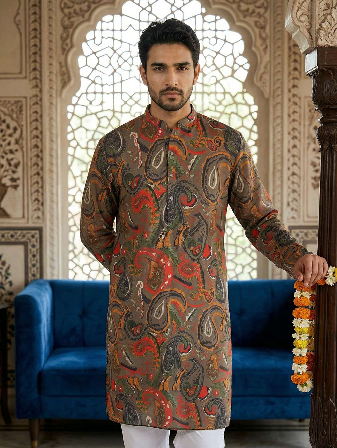 men printed mandarin neck long kurta