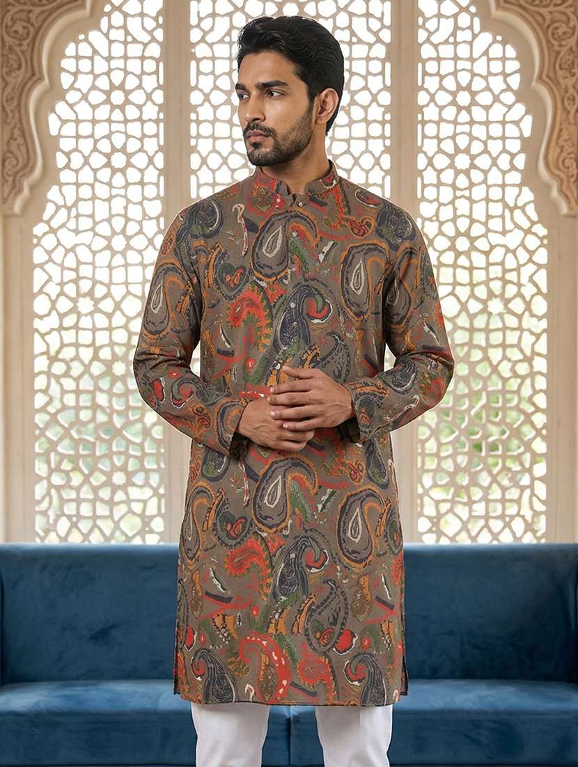 men printed mandarin neck long kurta - 22442886 -  Standard Image - 3