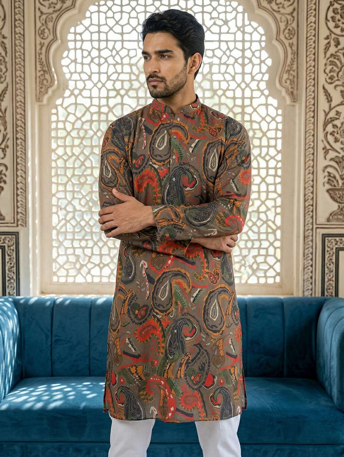 men printed mandarin neck long kurta - 22442886 -  Standard Image - 5