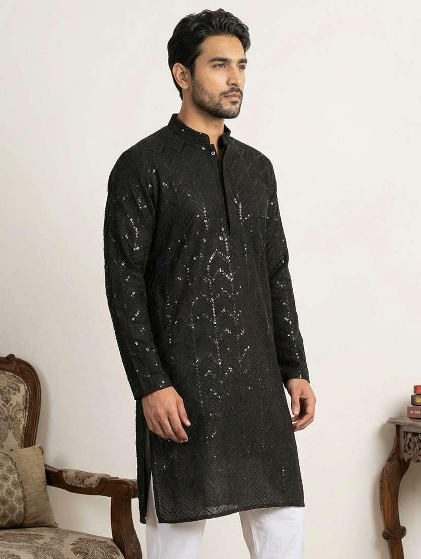 men solid with work mandarin neck long kurta - 22442890 -  Standard Image - 3