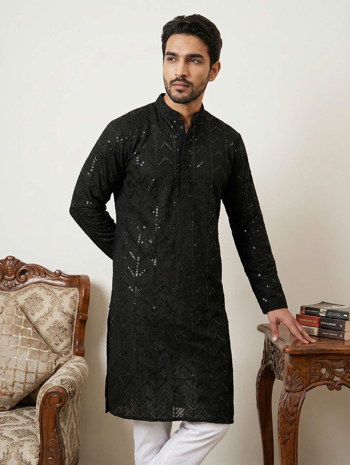 men solid with work mandarin neck long kurta - 22442890 -  Standard Image - 5